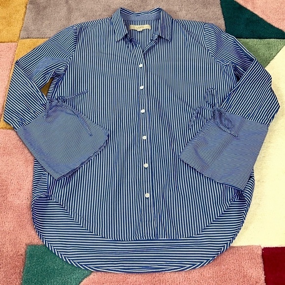 Loft Pin Stripe Bell Sleeve Button Front Blue White Top - Picture 4 of 17